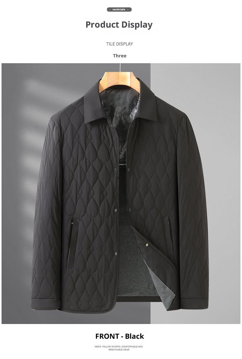 Schwarze leichte gesteppte Businessjacke mit Diamantsteppstich, dezentem Schimmer, klassischem Kragen und vorderem Knopfverschluss.