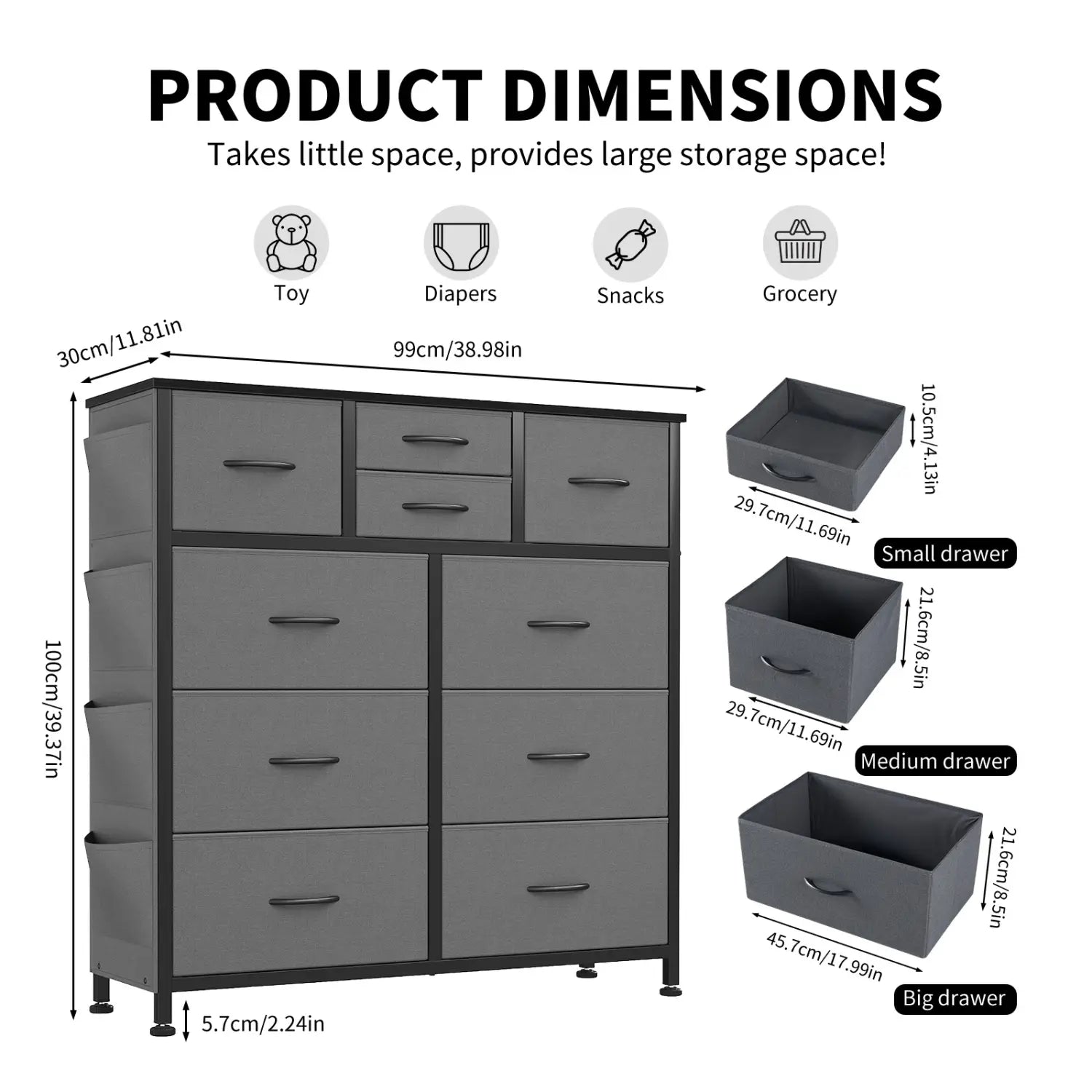 gray fabric 10-drawer dresser with side pockets and hooks featuring a black metal frame and handles