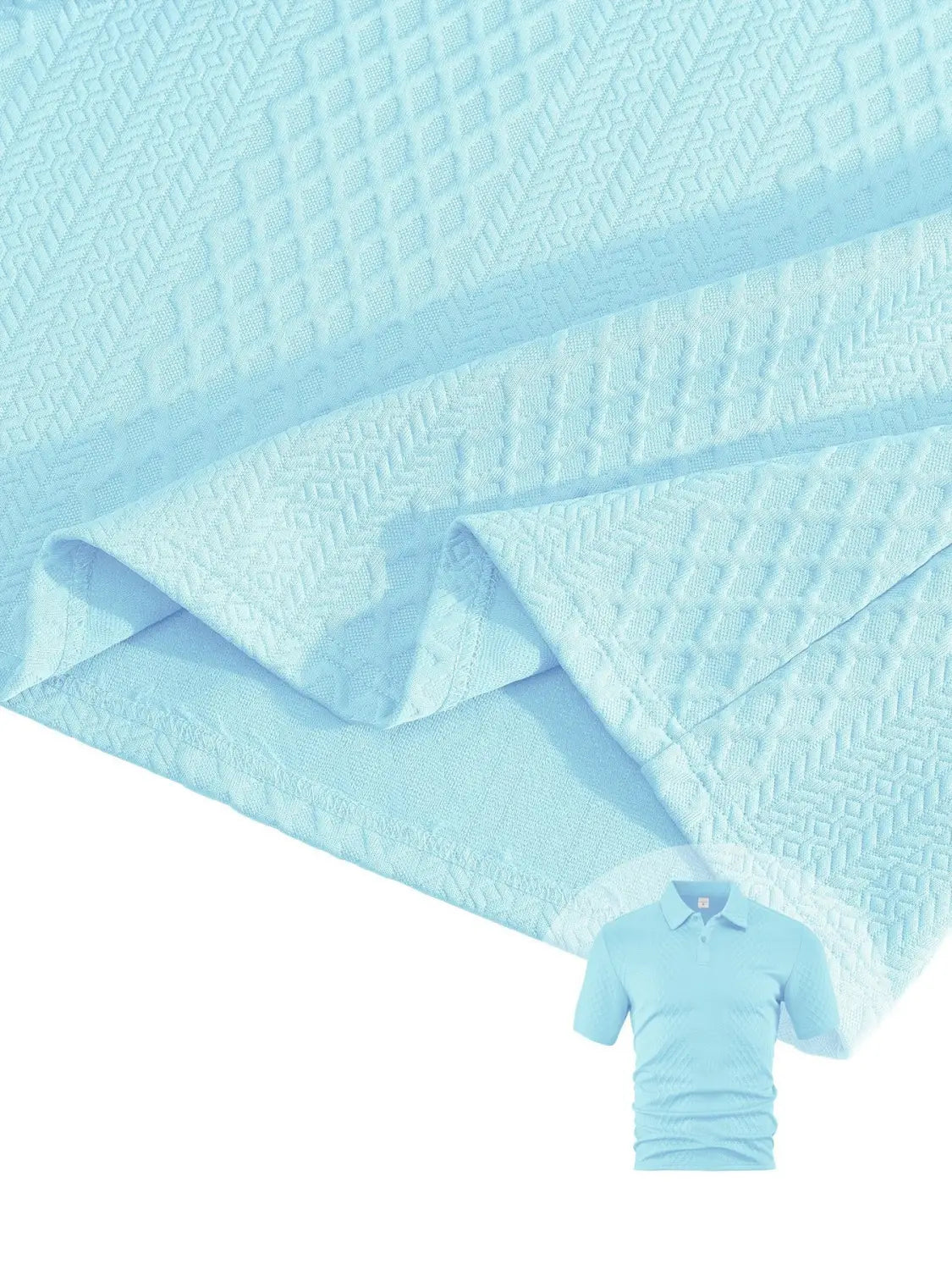Light blue textured short sleeve polo suit with a subtle diamond pattern fabric and matching polo shirt for men.