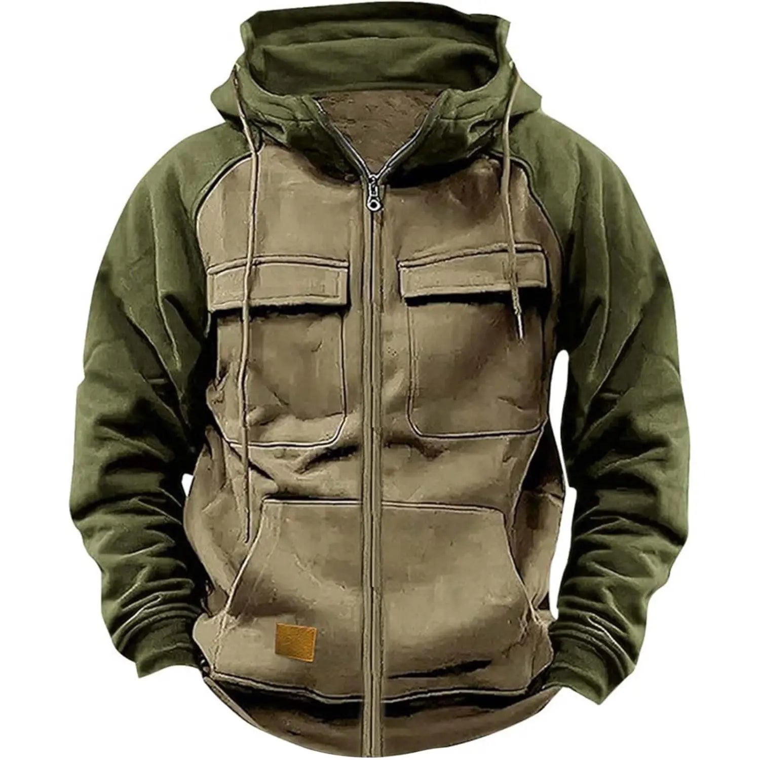 Men’s olive green retro velvet lined zip hoodie with a drawstring hood and two front pockets designed for practical everyday wear.