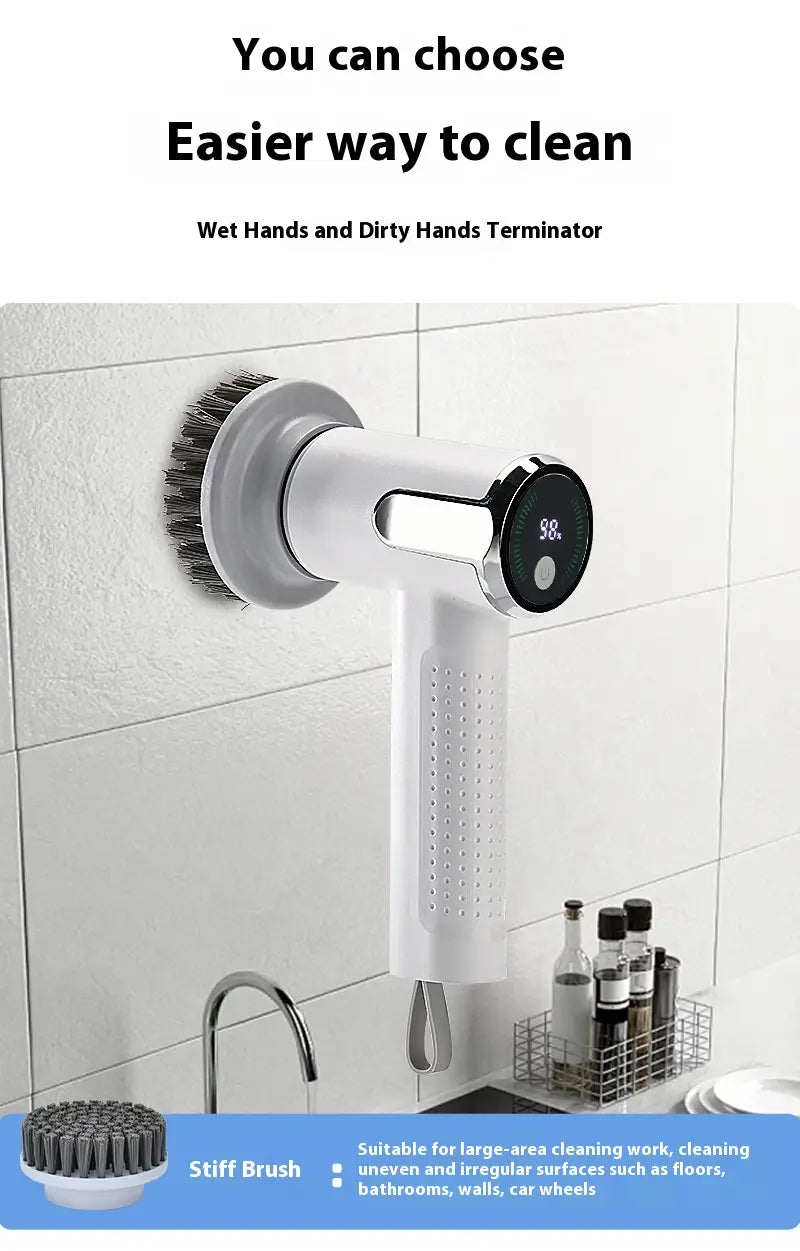 White and silver handheld electric cleaning brush with a digital display showing 98 on its circular head designed for cleaning wet or dirty surfaces.