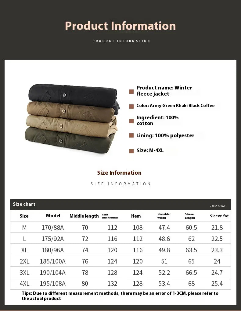 Stacked mens fleece lined winter cotton jackets in army green khaki and black coffee tones made of 100 percent cotton with polyester lining.