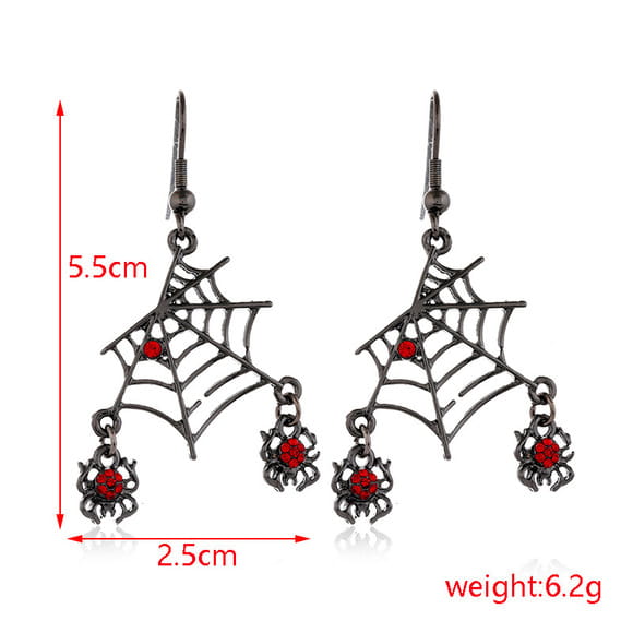 black spiderweb earrings with red gemstone spiders dangling from the design featured in the Halloween ghost and pumpkin beaded jewelry set.