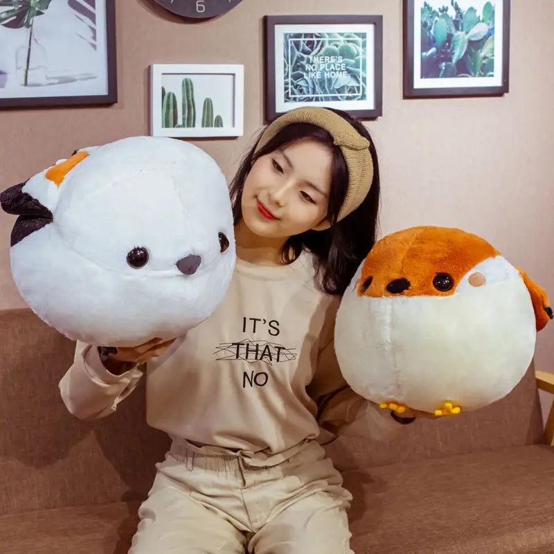 white and orange soft sparrow plush bird toys with black eyes and stitched details suitable as animal dolls