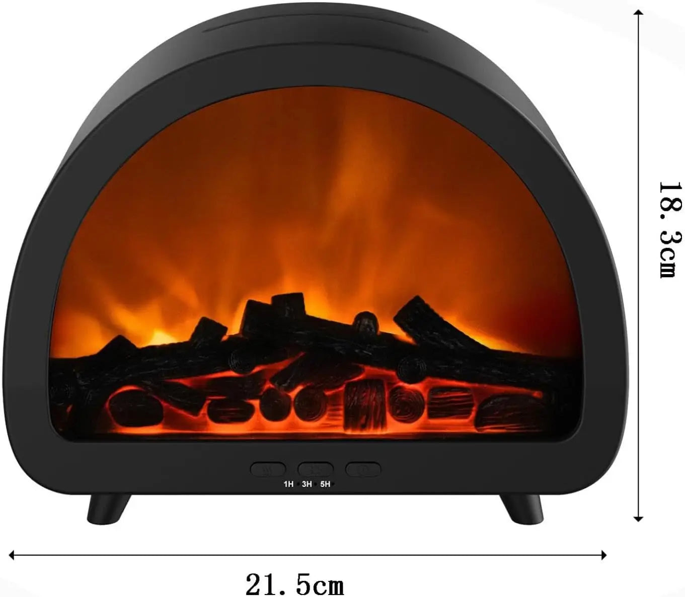 Black electric flame diffuser humidifier with realistic glowing orange flames and faux logs inside a sleek curved housing featuring multi color LED mist.