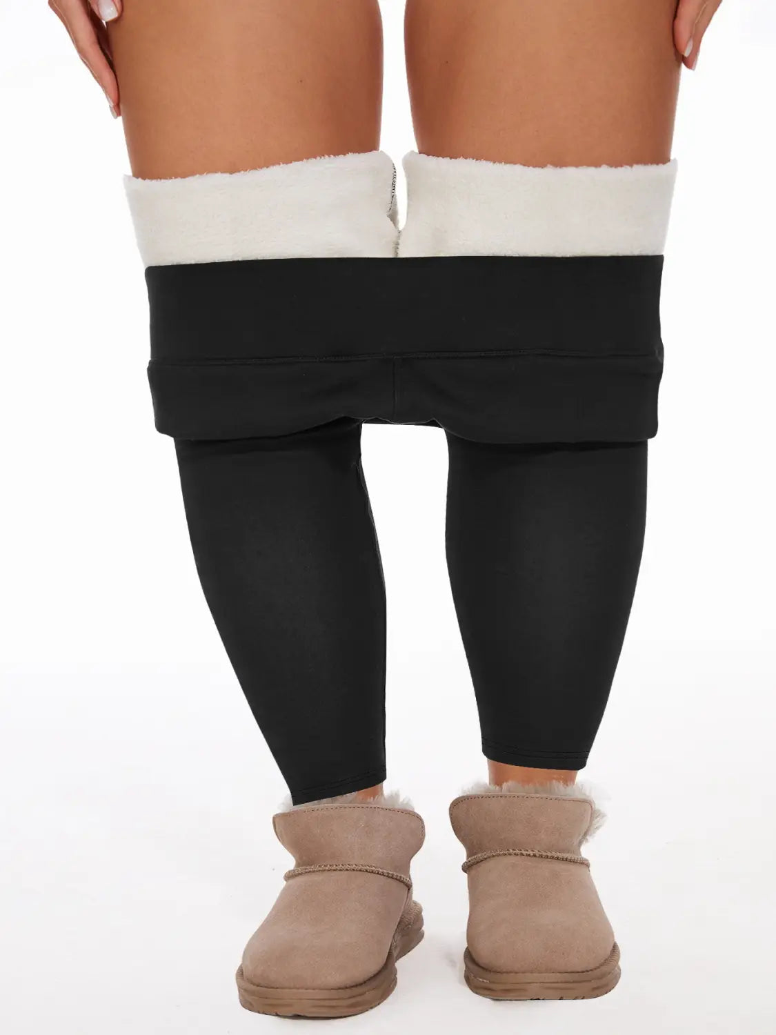 fleece lined high waisted winter leggings in black and white with a cozy insulated fleece lining for cold weather wear