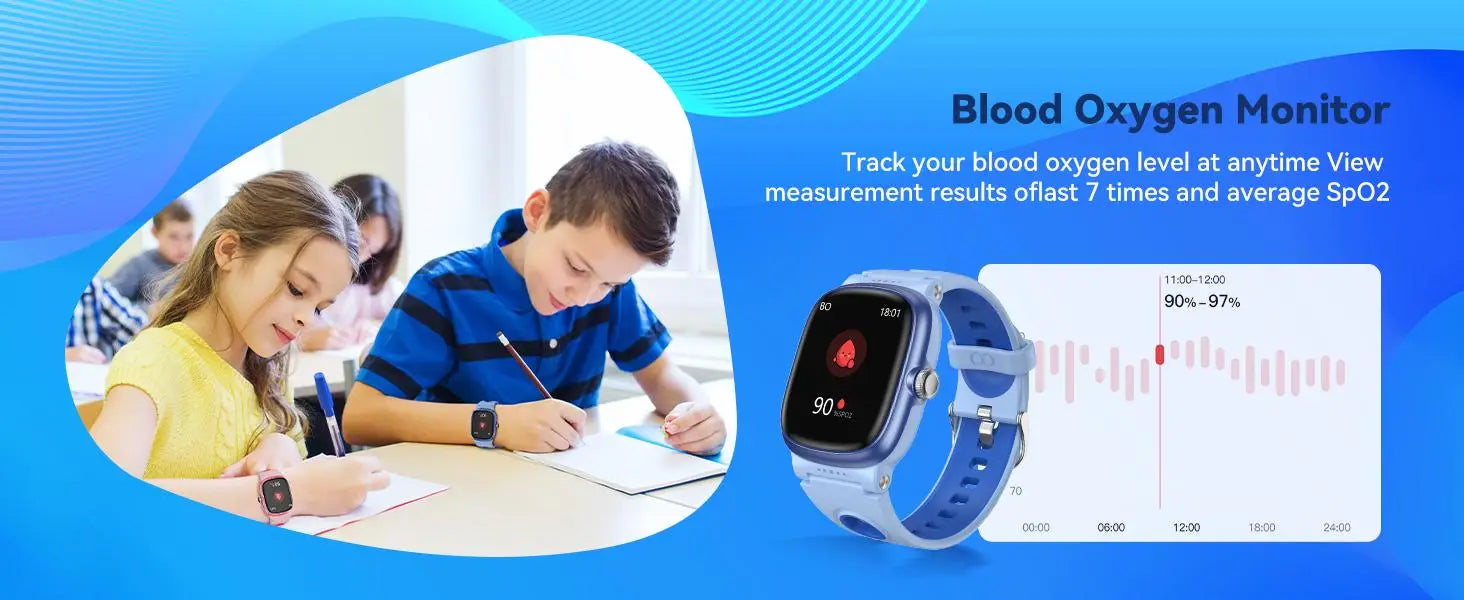 blue k1 kids waterproof smartwatch with fitness tracking featuring a digital display showing blood oxygen levels and a matching blue strap.