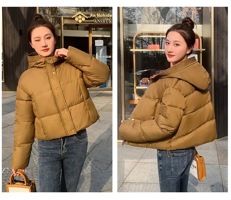 A cozy mustard-yellow women hooded short down jacket with a quilted design and a hood.