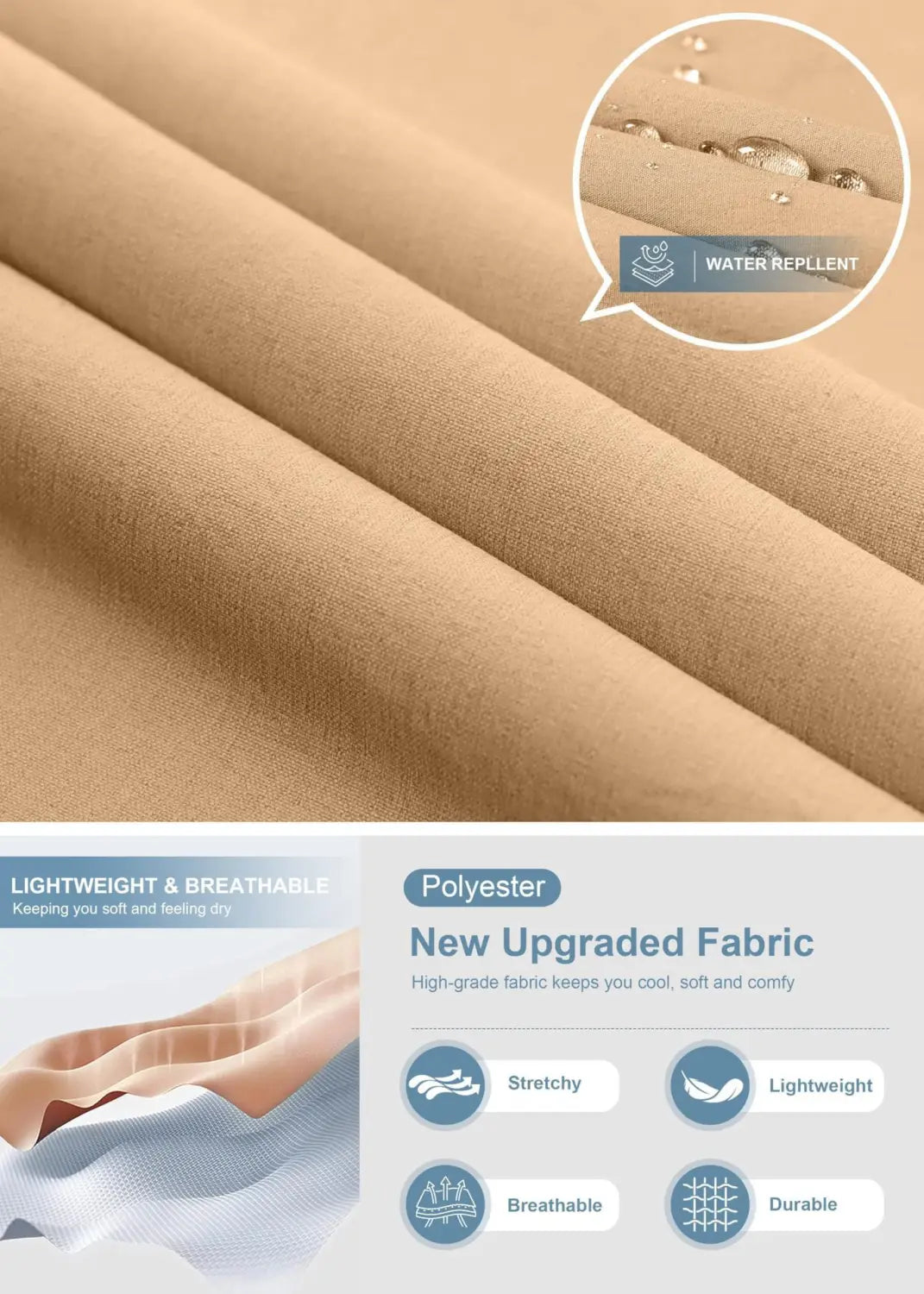 Beige polyester quick drying casual stretch pants with a soft lightweight texture and water-repellent finish.