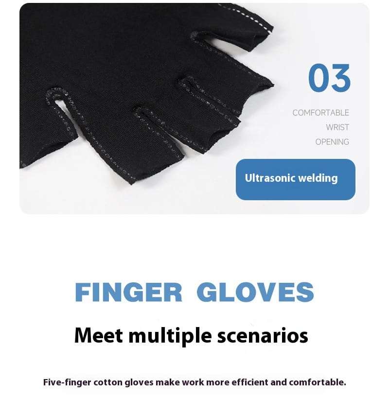 Schwarze atmungsaktive Baumwoll-Fünf-Finger-Handschuhe mit verschweißten Nähten durch Ultraschallschweißtechnik und einer komfortablen Öffnung am Handgelenk, von der Rückseite gezeigt.