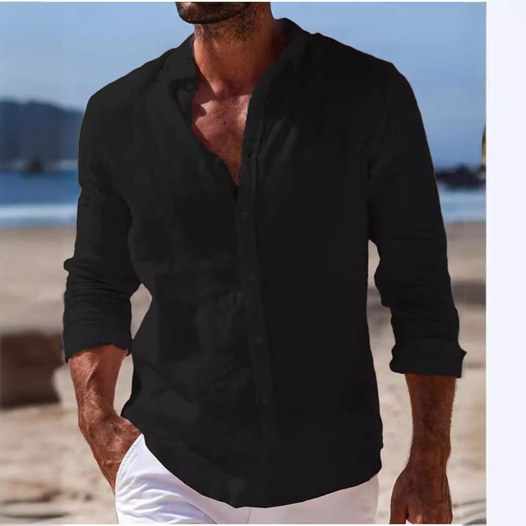 Men linen casual button down shirt in black with long sleeves relaxed fit and rolled cuffs.