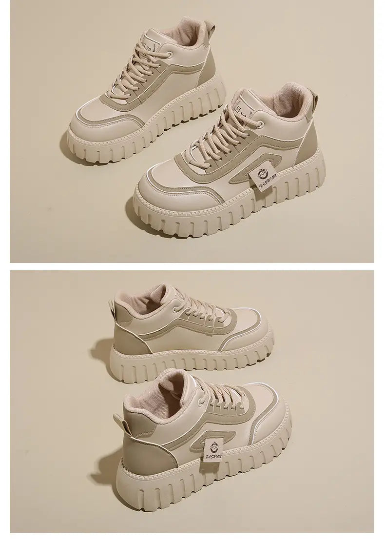 Cream-colored women’s chunky platform breathable high top sneakers with ridged sole and beige suede accents.