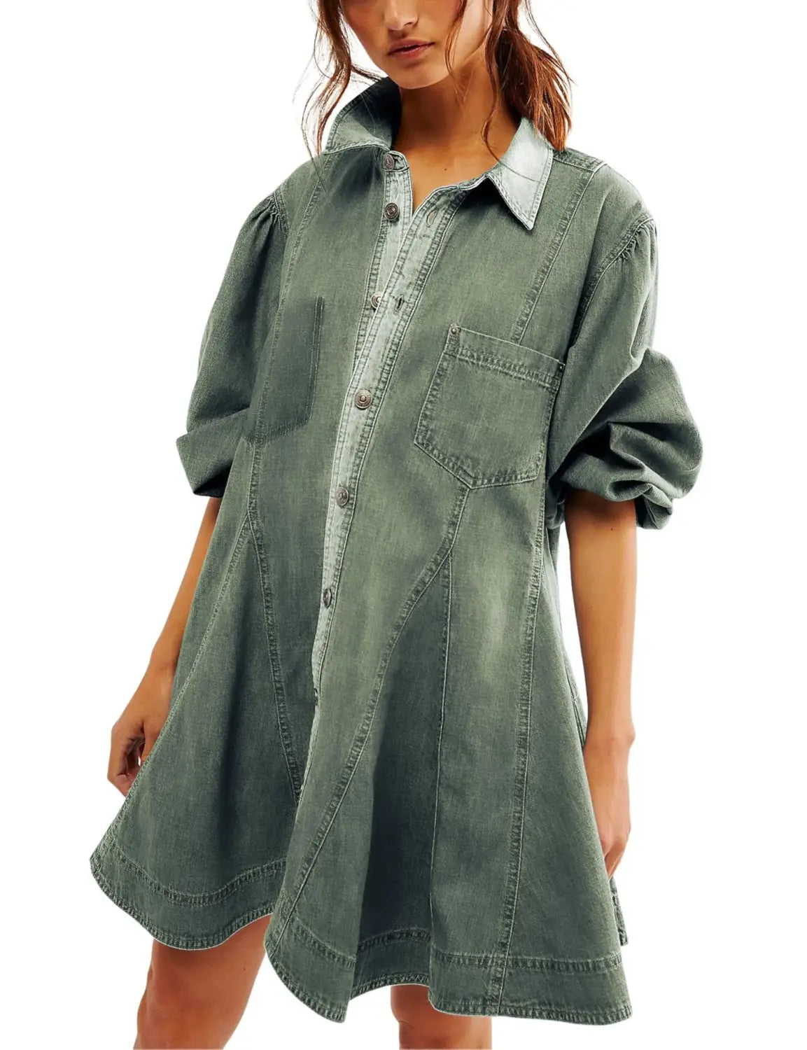 Olive green lantern sleeve denim shirt dress with button front collar and patch pockets.