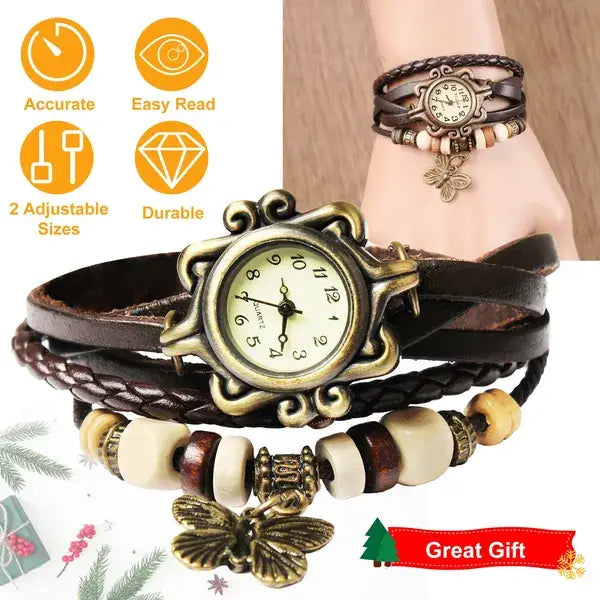 Vintage bohemian braided leather butterfly charm watch featuring an antique brass-finished case with a white face and black numerals, multiple layers of dark brown braided leather straps, cream and wood-toned beads, and a dangling butterfly charm.