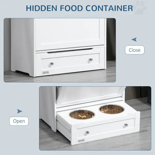 Station d’alimentation pour animaux dissimulée en bois blanc avec un compartiment de rangement pour la nourriture pour chien, comprenant deux gamelles circulaires intégrées, conçues pour s’harmoniser avec le mobilier