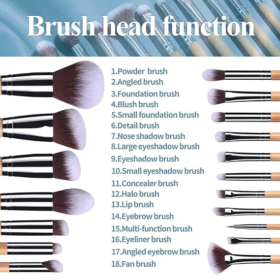 Set of 18 professional bamboo makeup brushes with rotating storage bucket featuring black and silver metallic handles, wooden ferrules, and soft synthetic bristles for various cosmetic applications.