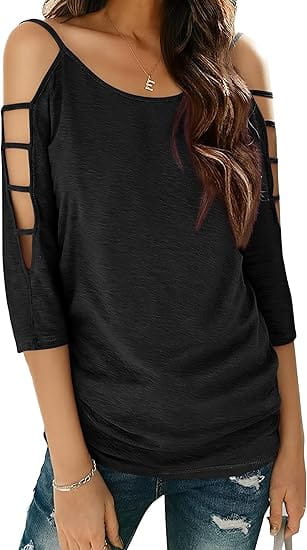 Black off-shoulder cut-out top with three-quarter sleeves made from soft fabric ideal for casual and semi-formal wear.