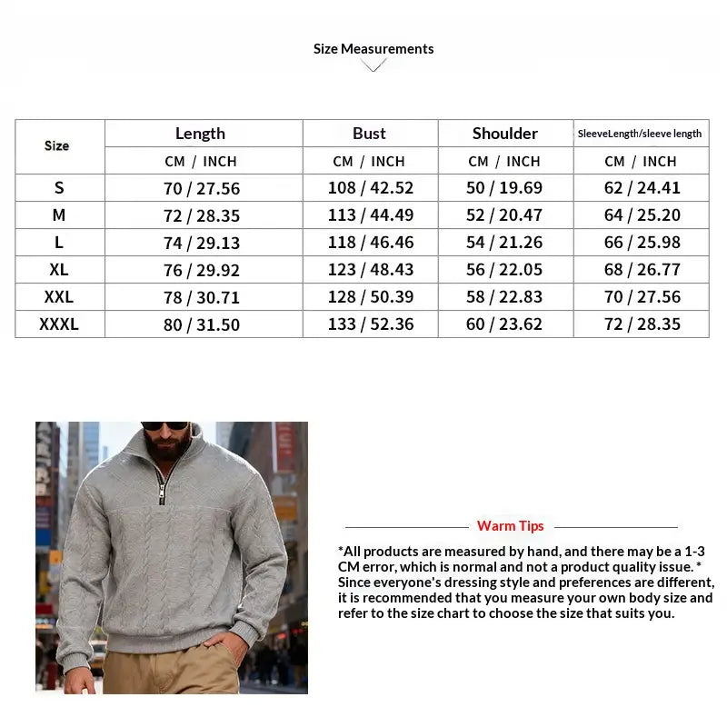 Pull-over gris en maille torsadée à demi-fermeture éclair, pourvu d’une demi-fermeture éclair, fabriqué dans une matière tricotée douce, conçu comme une veste de sweat-shirt pour homme en maille torsadée à demi-fermeture éclair.