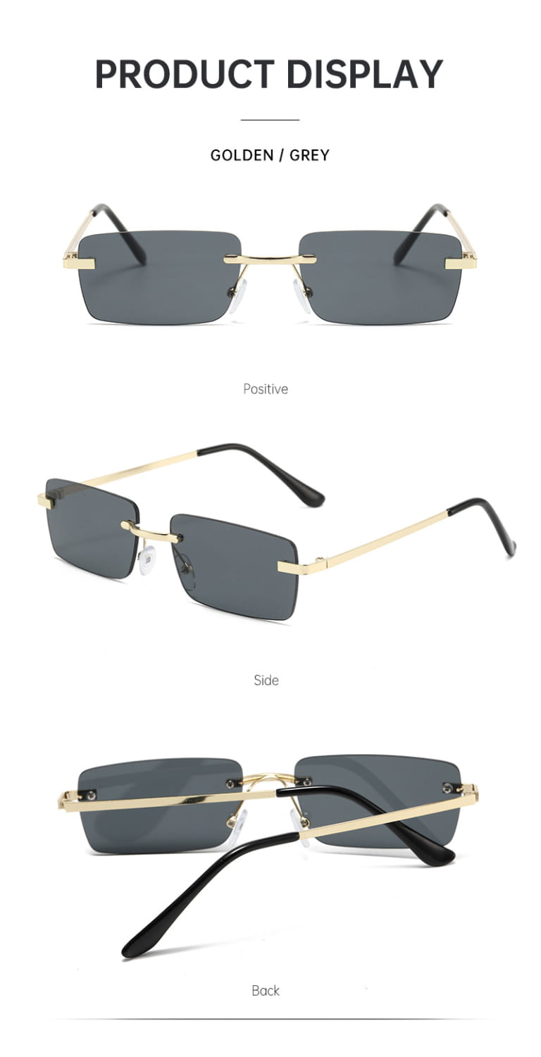 Retro-Sonnenbrillen ohne Rand im quadratischen Format mit goldfarbenem Zierband, goldfarbenen rechteckigen Fassungen, dunkelgrauen Gläsern und schwarzen Bügelspitzen, als 6er-Set.