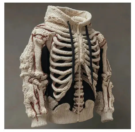 Ein cremefarbenes gestricktes Herrenhoodie mit einem detaillierten 3D-skelettartigen Rippenkorb- und Armknochenmuster aus strukturiertem Garn.