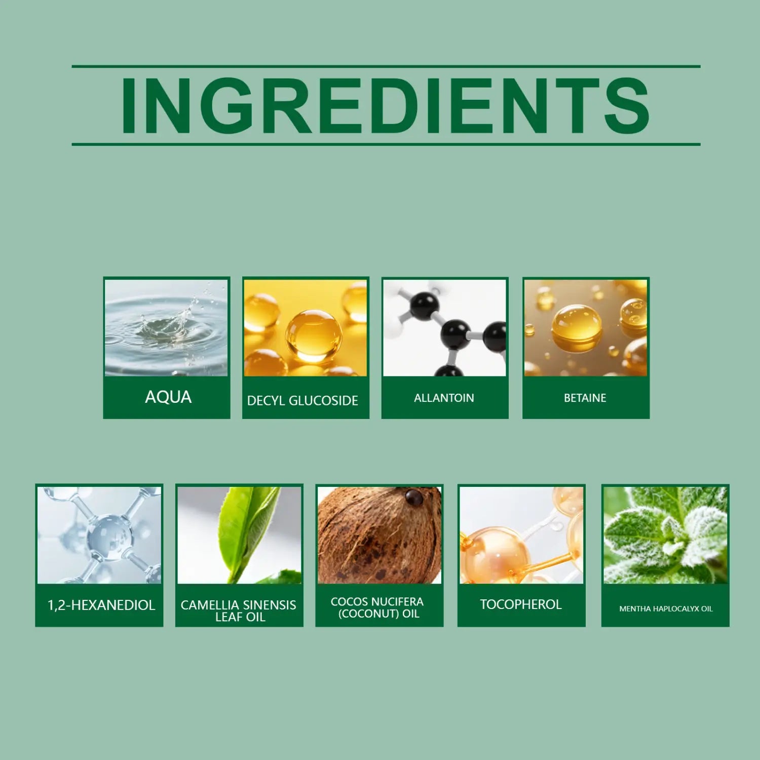 the back side of the tea tree body wash moisturizing skin cleanser 100ml displays ingredients including aqua decyl glucoside allantoin betaine 1,2-hexanediol camellia sinensis leaf oil and cocos nuc.