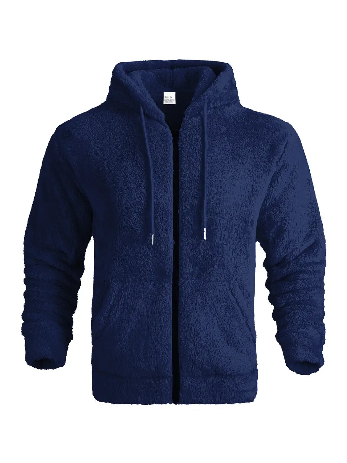 Men’s fleece lined loose zip up hooded jacket in navy blue plush fabric with drawstrings and front pockets.