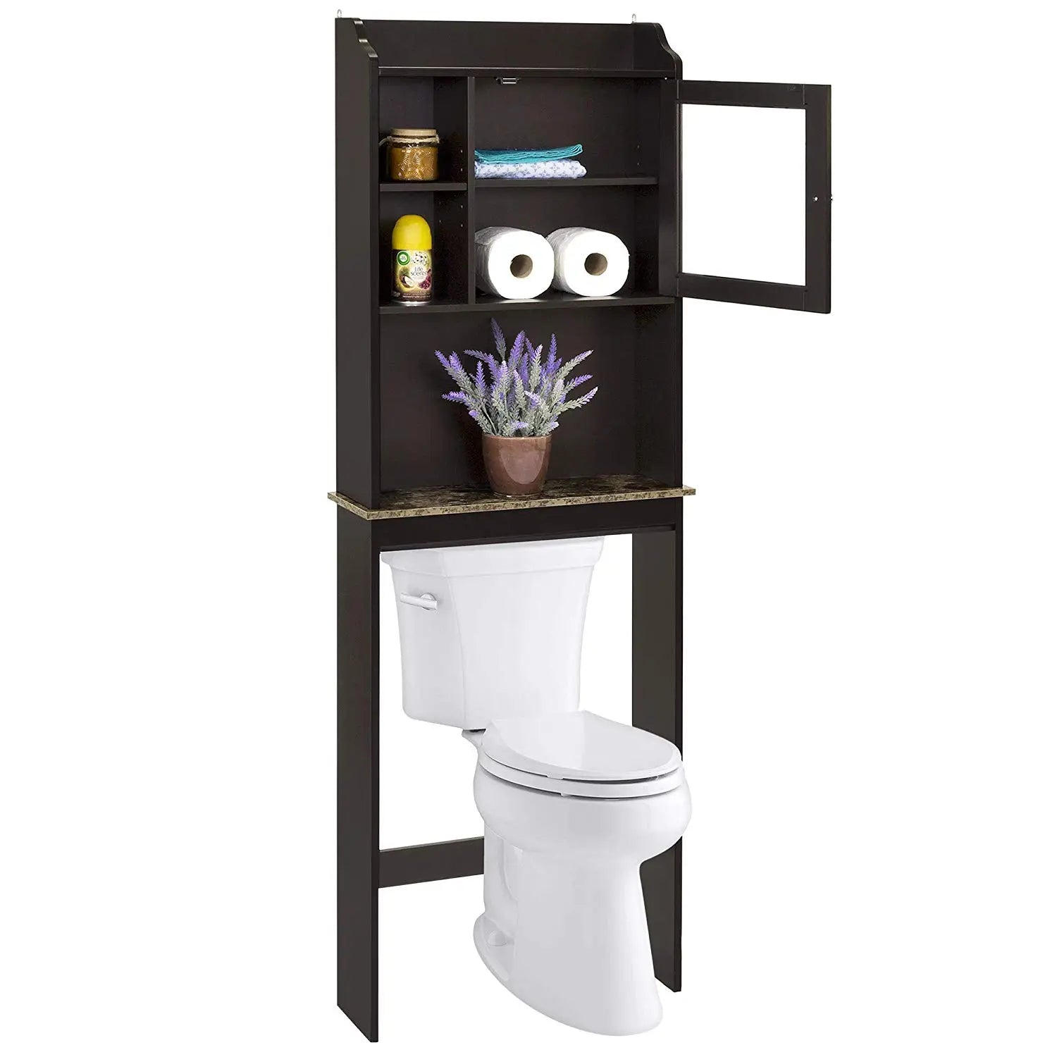 Dark brown wooden espresso over the toilet storage cabinet with a glass door and marble countertop.