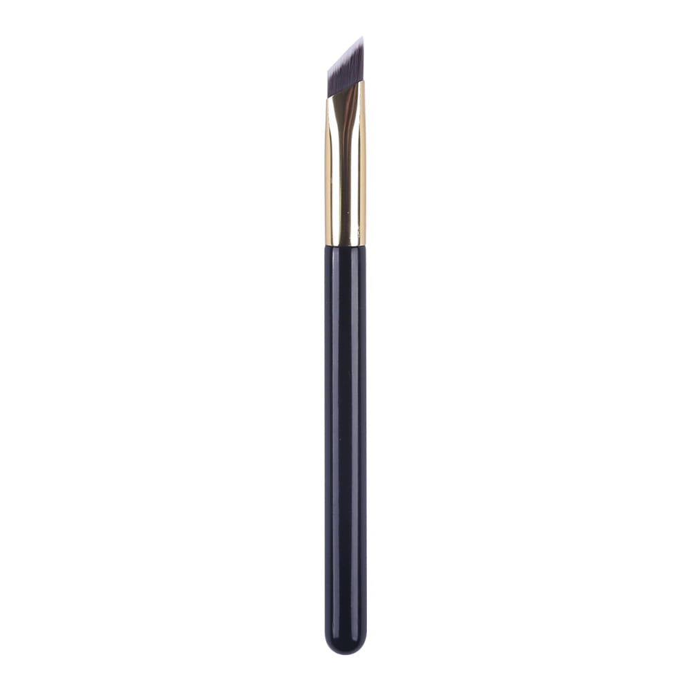 Elegant navy blue handle wild eyebrow brush with gold ferrule and angled dense black bristles for 3d stereoscopic makeup application.
