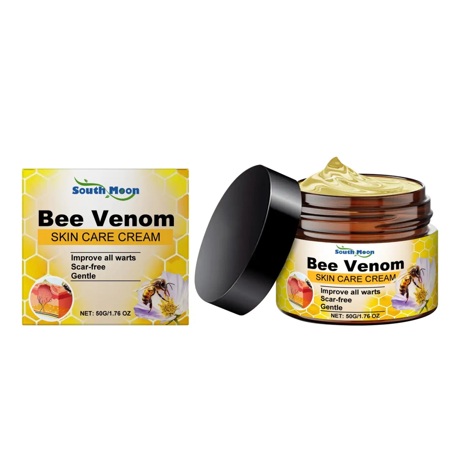 Pflegecreme mit Bienenvenen des Südbien-Mondes in einem bernsteinfarbenen Glasbehälter mit schwarzem Deckel, mit einem gelb- violetten Wabenmuster auf dem Etikett, das Honig und Teebaumöl enthält.