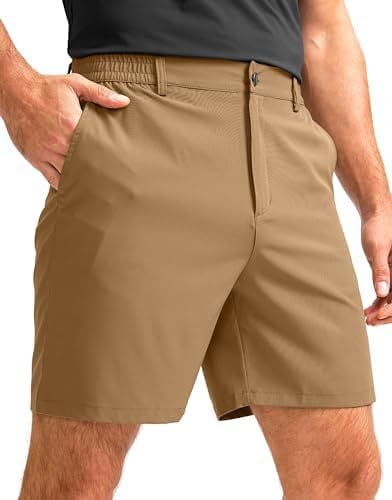 Short de ville extensible pour homme de couleur kaki, taillé, avec design coupe slim, passants de ceinture tissés et fermeture à bouton.