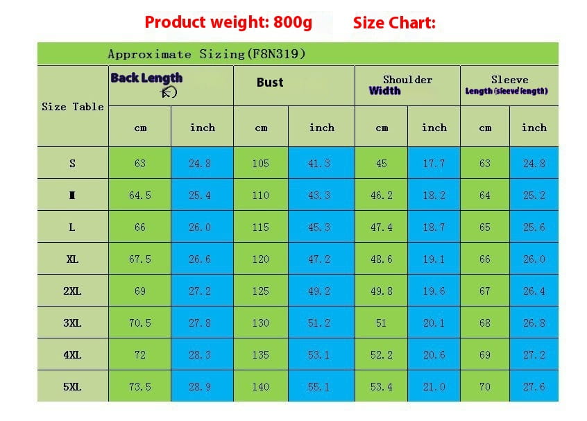Size chart for men pu leather punk motorcycle jacket stand collar model f8n319 showing measurements in centimeters and inches from size s to 5xl.