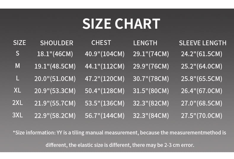 Größentabelle für ein langärmliges Hemd aus Stretch-Satin für Herren in Slim-Fit-Passform von y.y mit Maßangaben für verschiedene Größen.