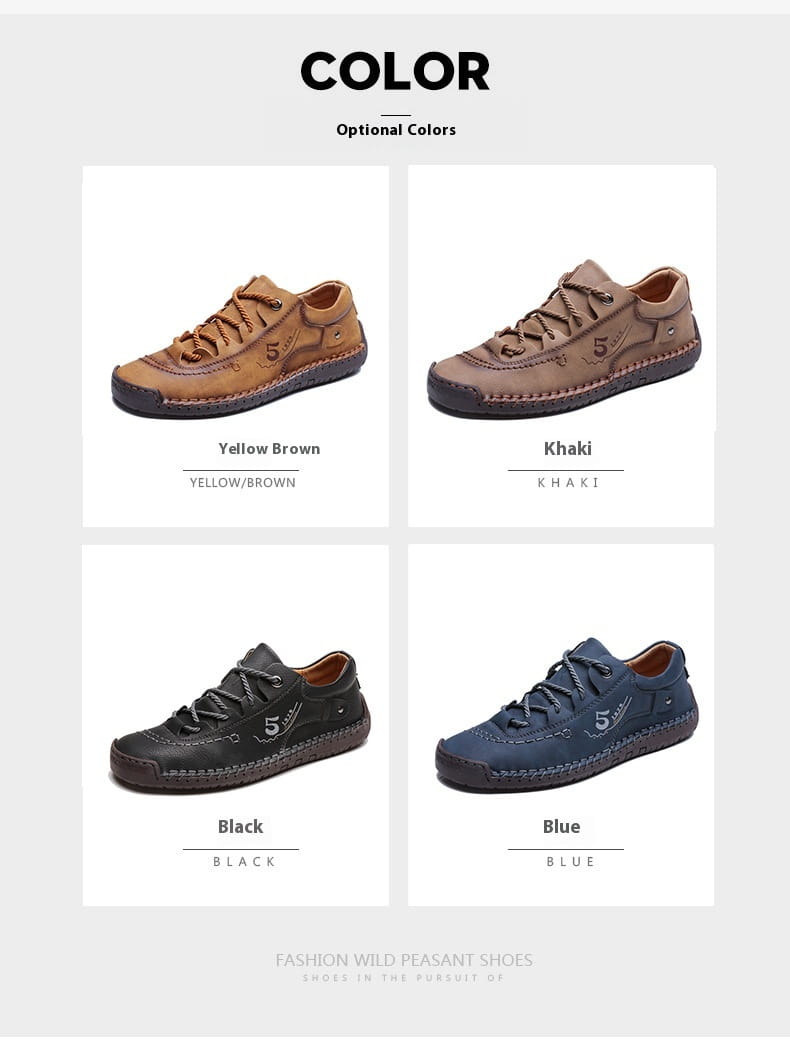 Herren-Lederschuhe im britischen Casual-Stil mit Schnürung in Gelbbraun, Khaki, Schwarz und Blau mit gestickten Details.