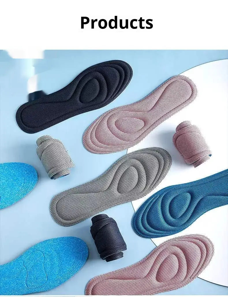 Colorful textured antibacterial massage insoles with cushioned arch support and shock absorbing properties alongside rolled-up versions.