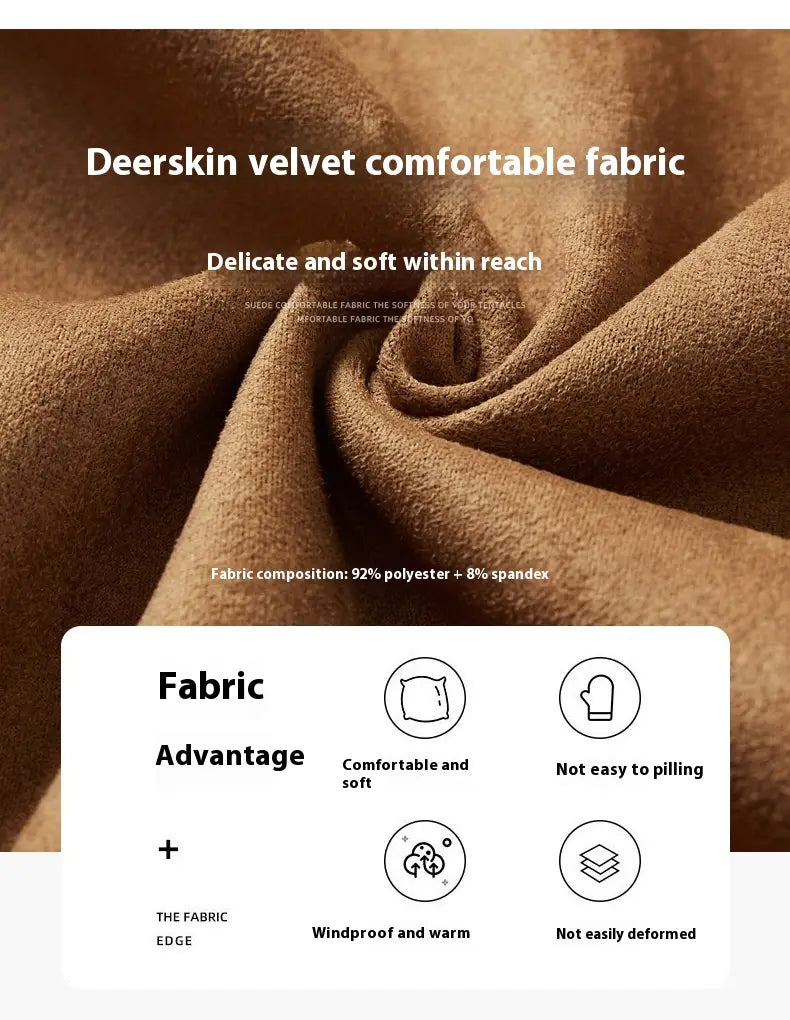 Manteau en suède décontracté ajusté pour homme, doté d’une étoffe en velours de daim de cerf brun chaud et moelleux, avec une texture douce et confortable.