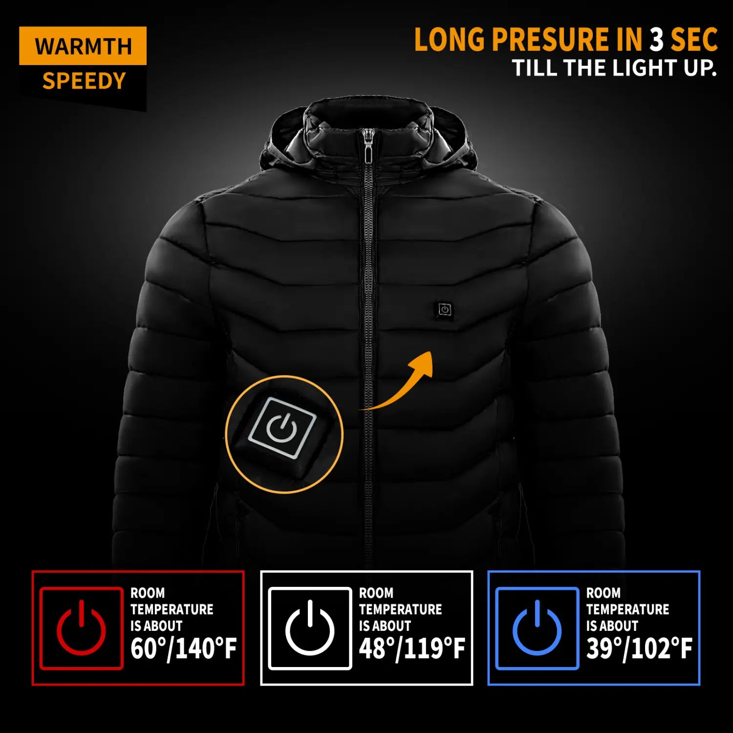 Black quilted unisex 9 zone electric heated hooded puffer jacket with built-in power button on the chest designed for warmth and comfort.