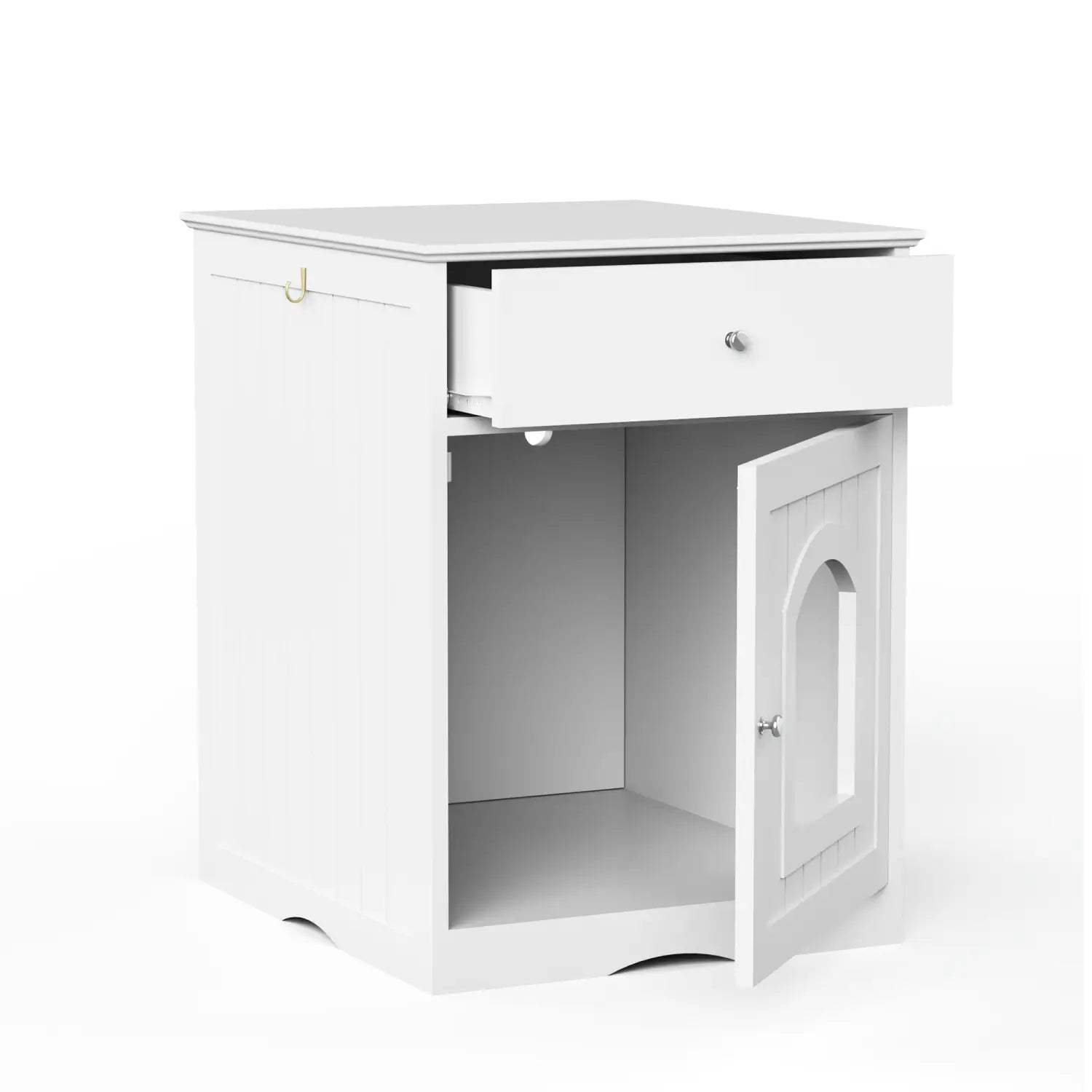 White wooden cat litter box enclosure featuring a painted nightstand design with a single drawer and an arched door cabinet.