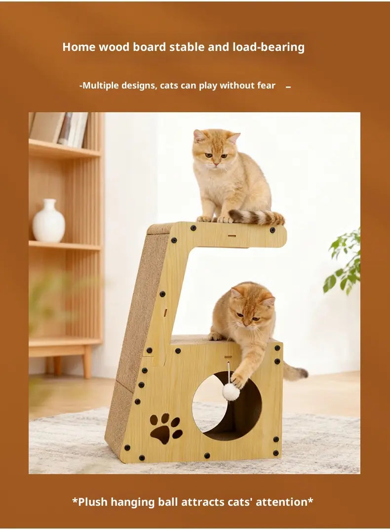 Hellbraunes Holz-Kratzbaumbett für Katzen mit Pfotenabdruck-Design, Kratzfläche, Tunnel und Pompon für Katzen.