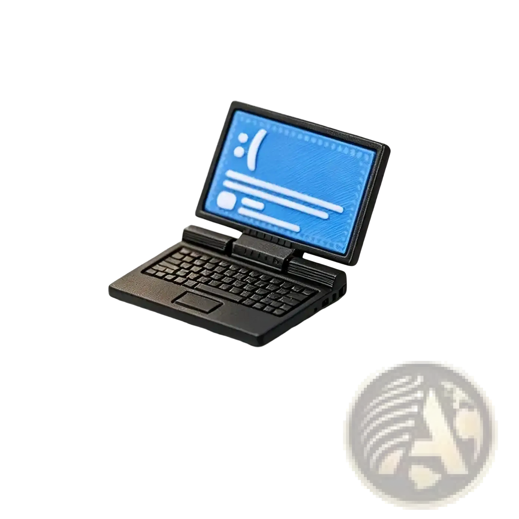 Black 1/12 dollhouse miniature laptop computer model with blue screen displaying white icons and text measuring 24mm x 18mm x 18mm
