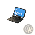 Black 1/12 dollhouse miniature laptop computer model with blue screen displaying white icons and text measuring 24mm x 18mm x 18mm