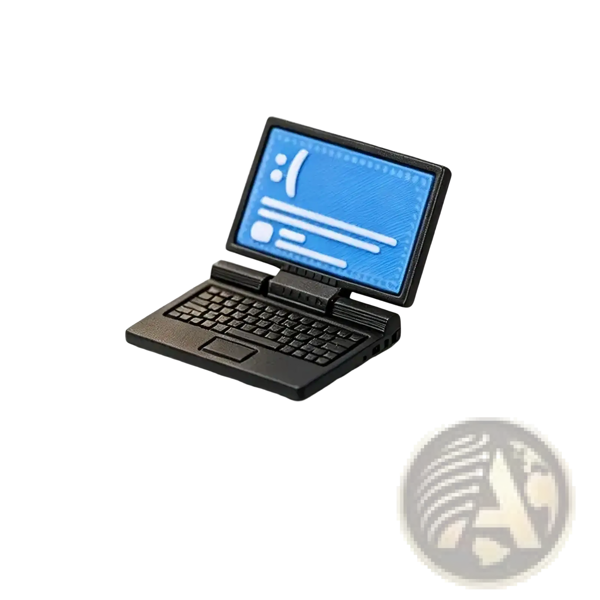 Black 1/12 dollhouse miniature laptop computer model with blue screen displaying white icons and text measuring 24mm x 18mm x 18mm