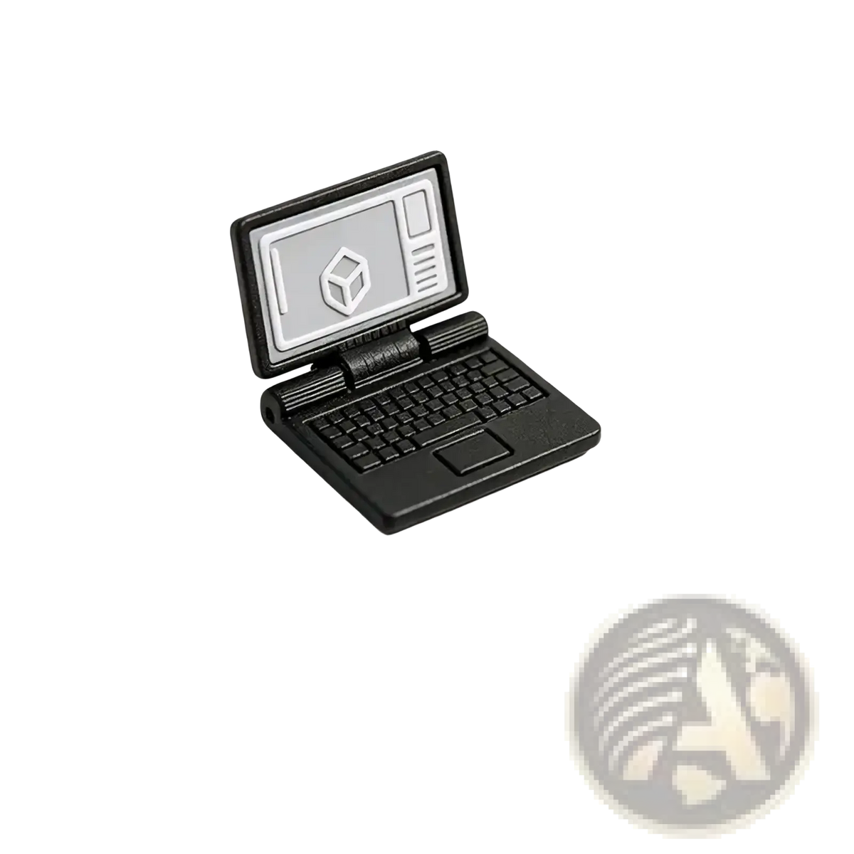 Black plastic lego laptop minifigure accessory with 3d cube screen and detailed keyboard for 1/12 dollhouse miniature model