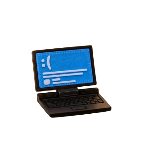 Black miniature laptop computer model with blue screen on white desk for 1/12 dollhouse miniature use
