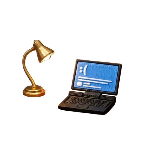 Black 1/12 dollhouse miniature laptop computer model with blue screen and white text on wooden desk with brass lamp