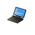 Black 1/12 dollhouse miniature laptop computer model with blue screen displaying white icons and text measuring 24mm x 18mm x 18mm