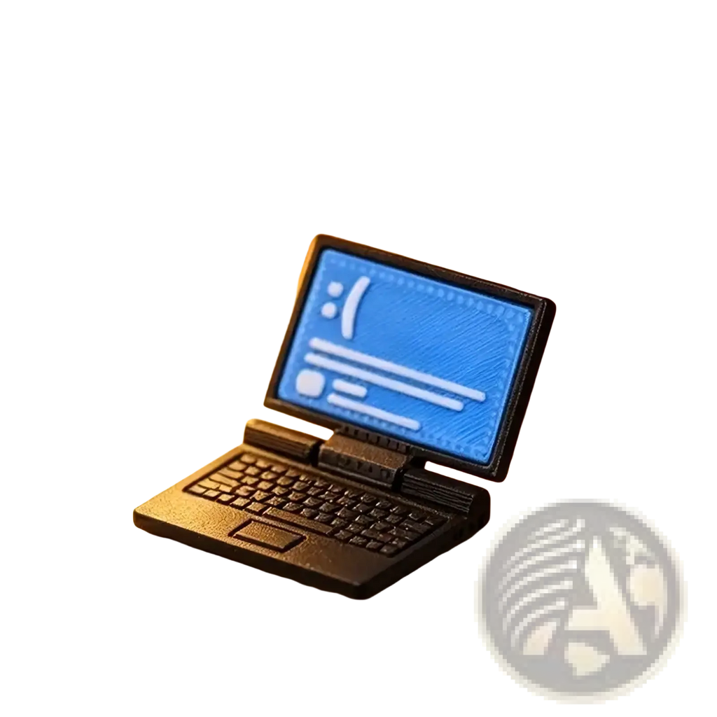 Black 1/12 dollhouse miniature laptop computer model with blue screen displaying text and icons for dollhouse decoration
