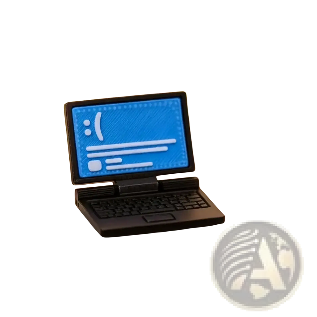 Black miniature laptop computer model with blue screen on white desk for 1/12 dollhouse miniature use