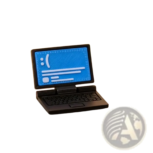 Black miniature laptop computer model with blue screen on white desk for 1/12 dollhouse miniature use