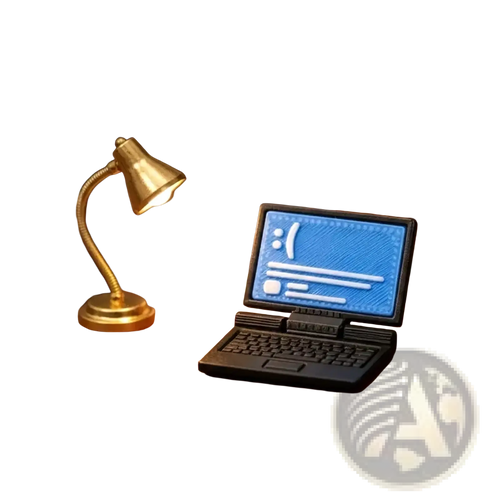 Black 1/12 dollhouse miniature laptop computer model with blue screen and white text on wooden desk with brass lamp