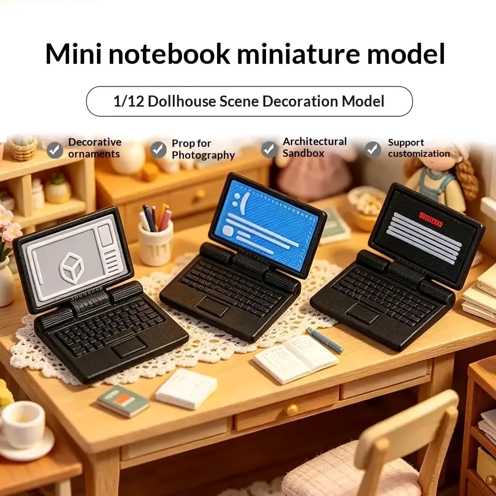 Black 1/12 dollhouse miniature laptop computer models with detailed keyboards and screens for scene decoration